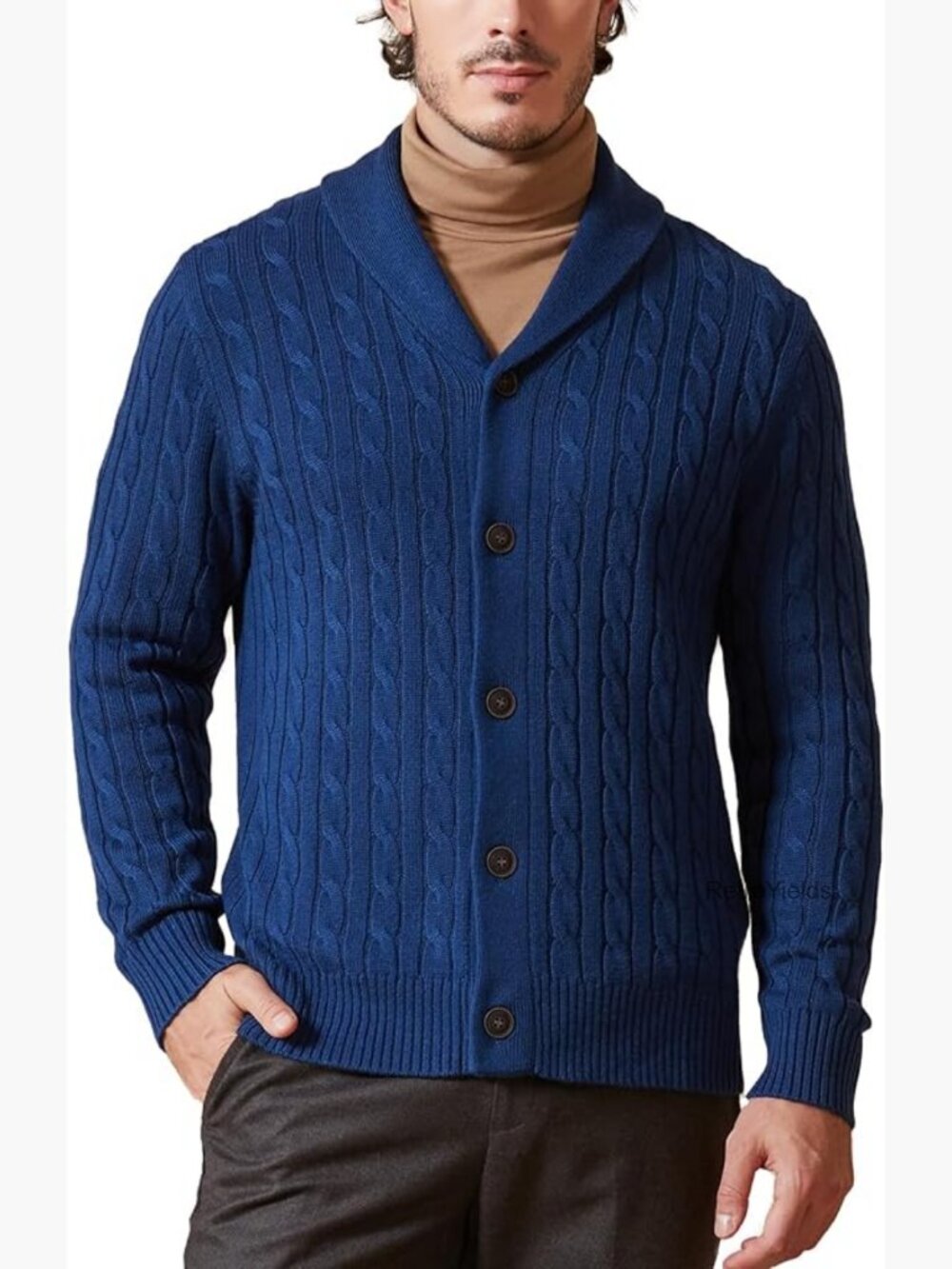 Men's Wool Blend Cable Knit Shawl Collar Cardigan Button Down Classic Sweater